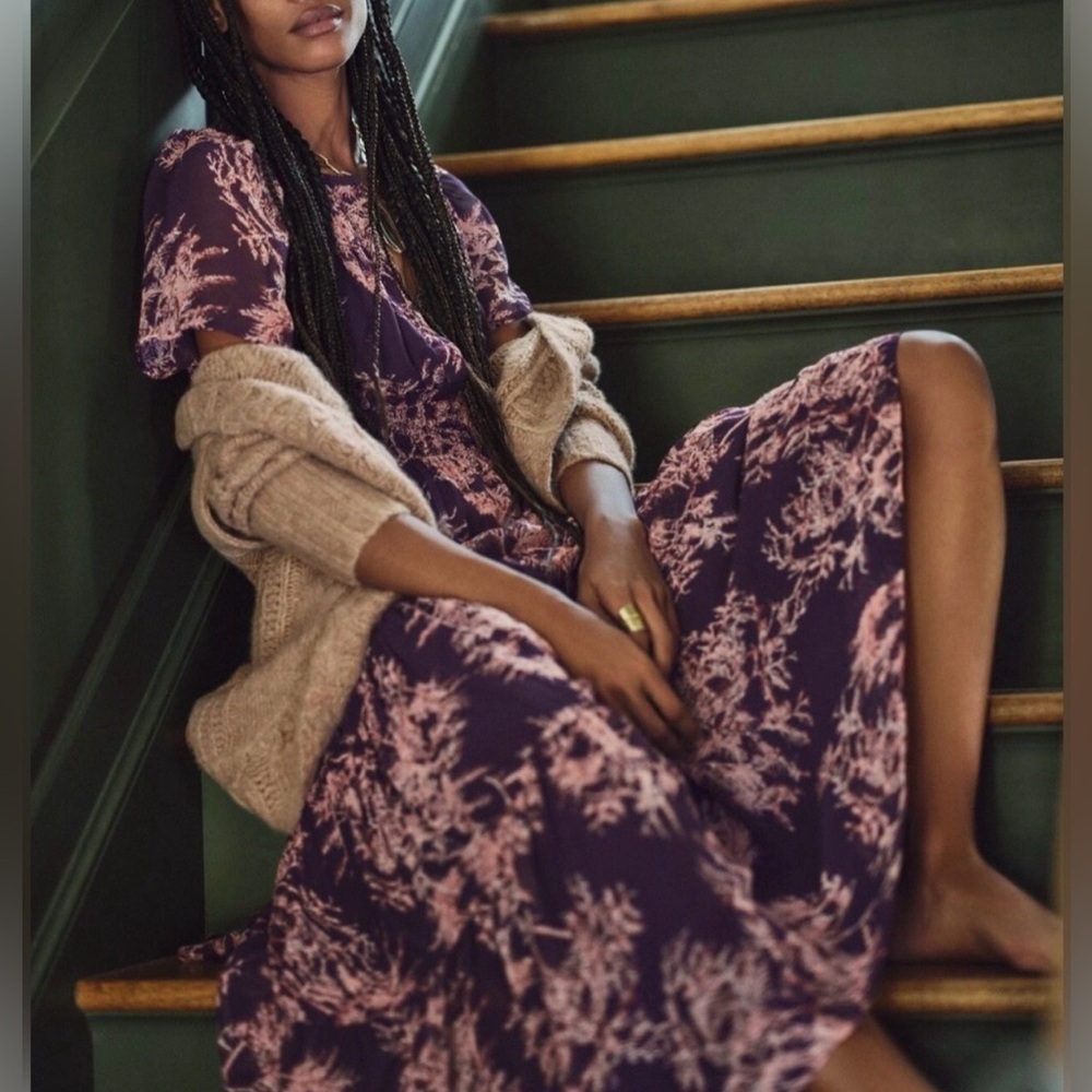 Anthropologie Somerset Dress Sz M Purple Floral Print Maxi Dress Boho Romantic